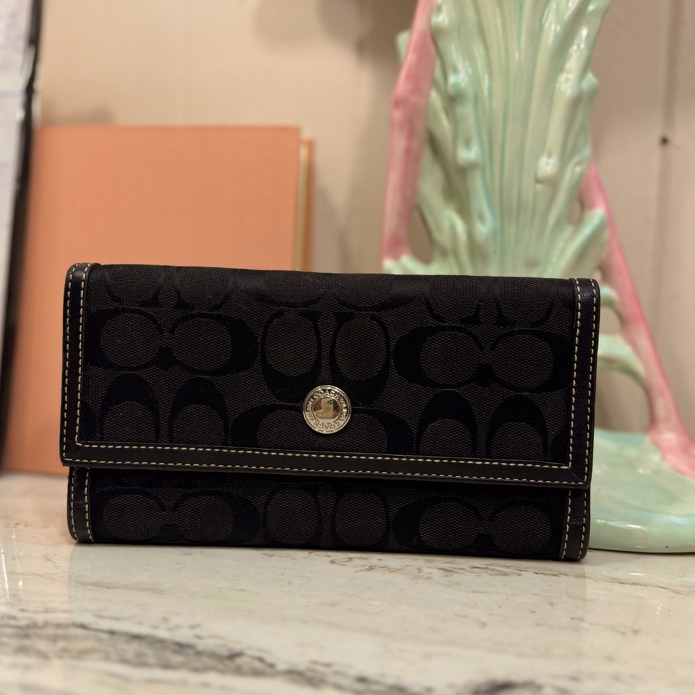 Coach Vintage Y2K Black Monogram Fabric & Leather Full Size Snap Open Wallet